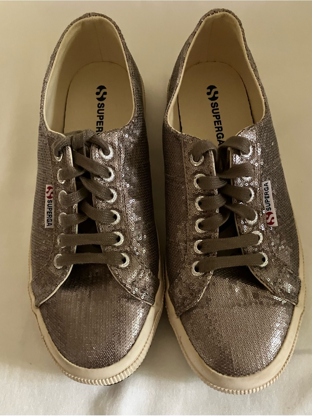 Superga Sequin Lace-Up Sneakers in Taupe